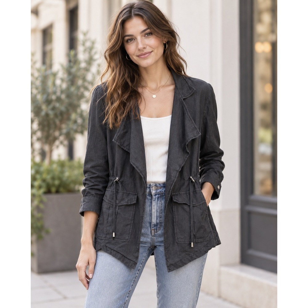1 Sunset Lane Anthropologie Cotton Utility Jacket Charcoal Drawstring Waist M